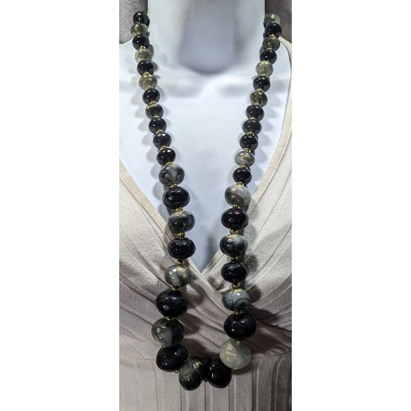 Whimsical Black And Grey Acrylic Beaded Necklace With Gold Tone Shimmer - Picture 4 of 6
